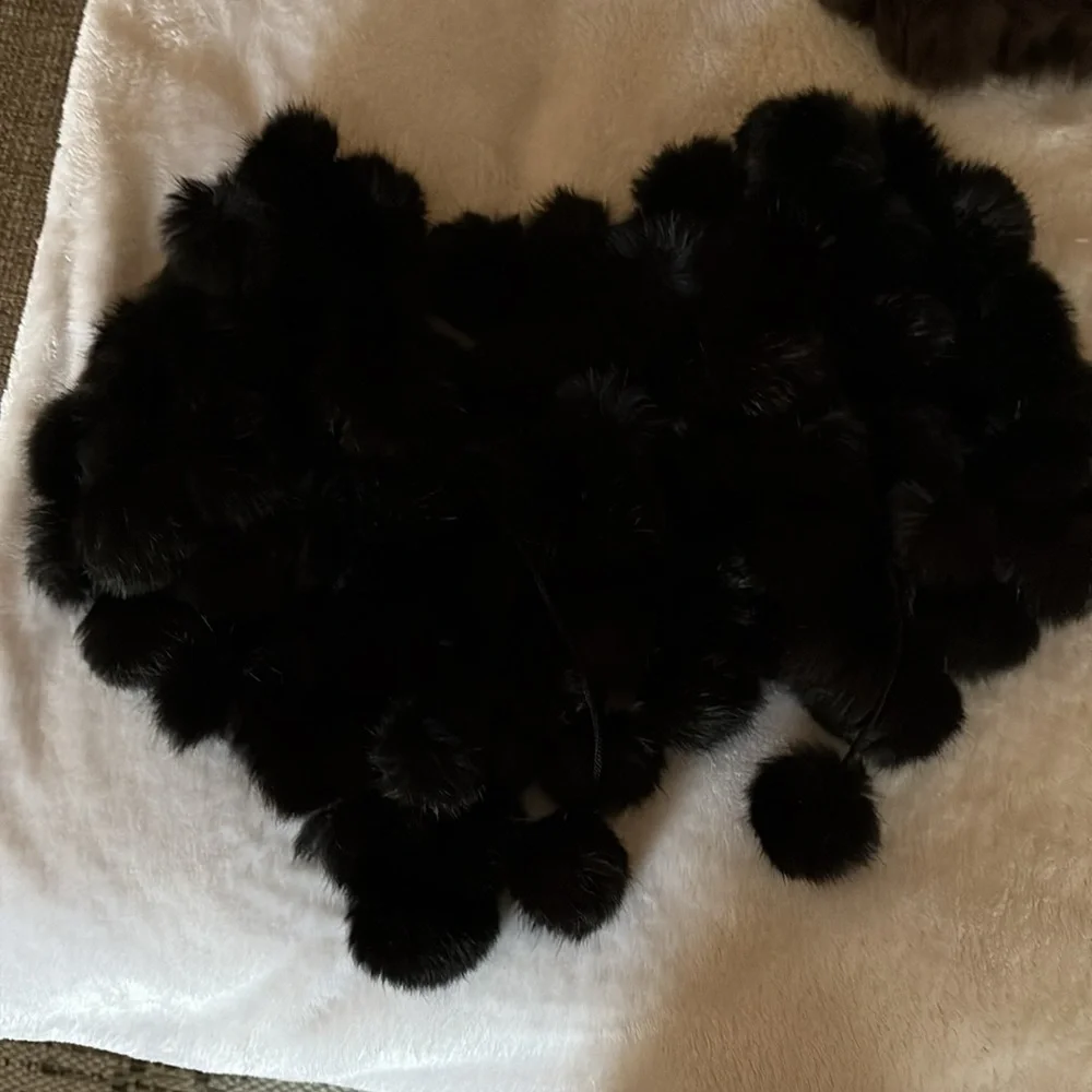 100% Rabbit Fur Pom Pom Scarf w Shawl  - Black & Brown Cejon Accessories ??